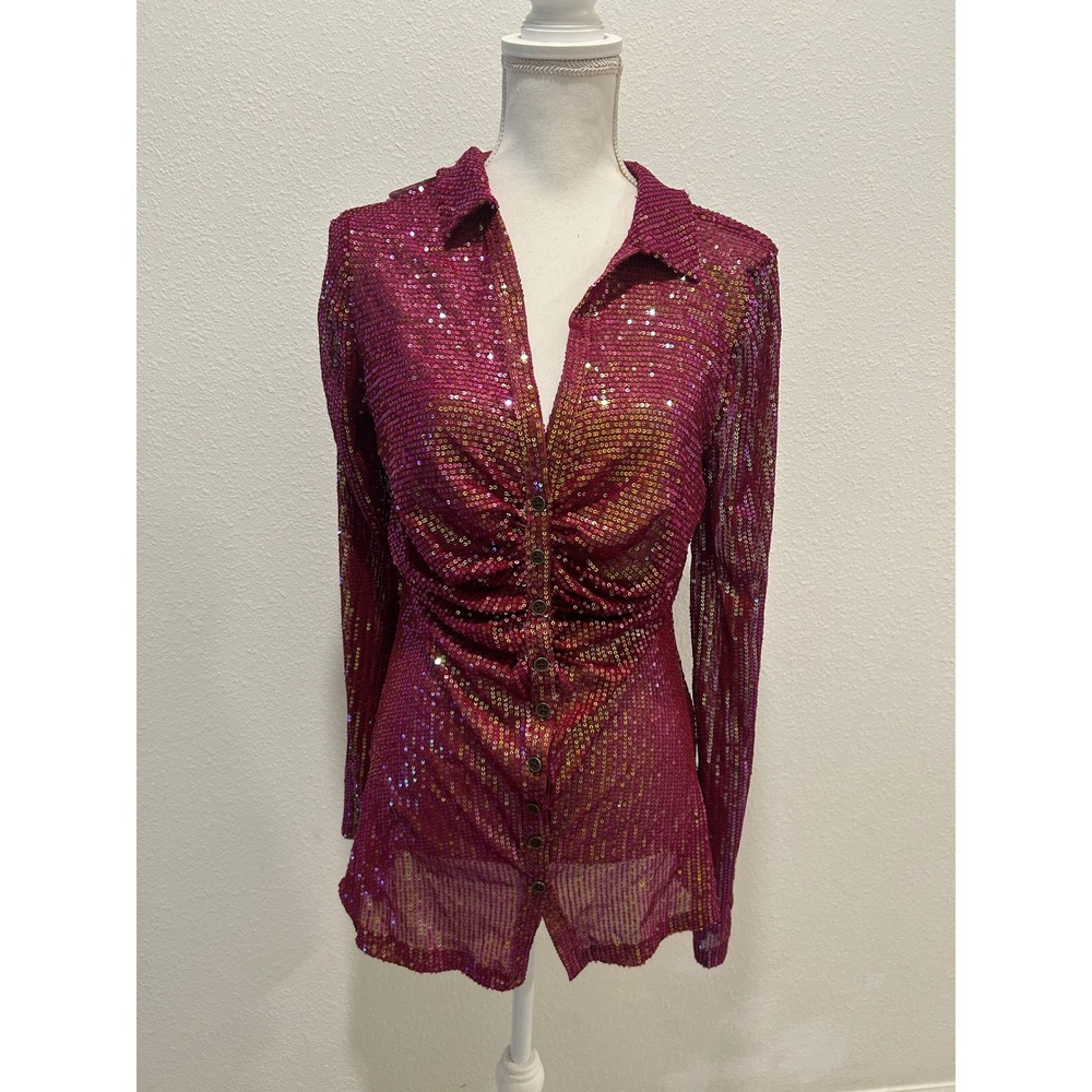 Free People Womens Dark Rhubarb Sequin Ruched Button Down Shirt Long Sleeve XL